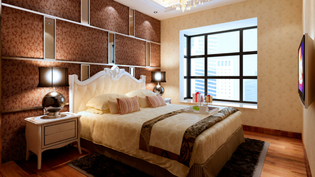 Classical European Master Bedroom - Ornate Floral Wall & Crystal Chandelier 3D Scene