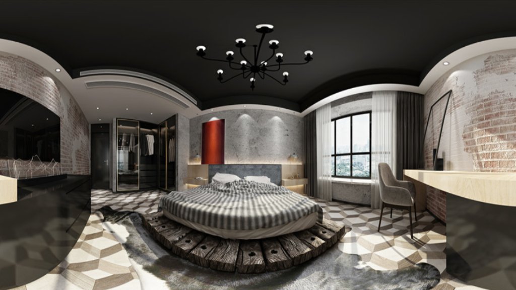 Industrial Loft Panorama Bedroom - Creative Round Bed 3D Scene