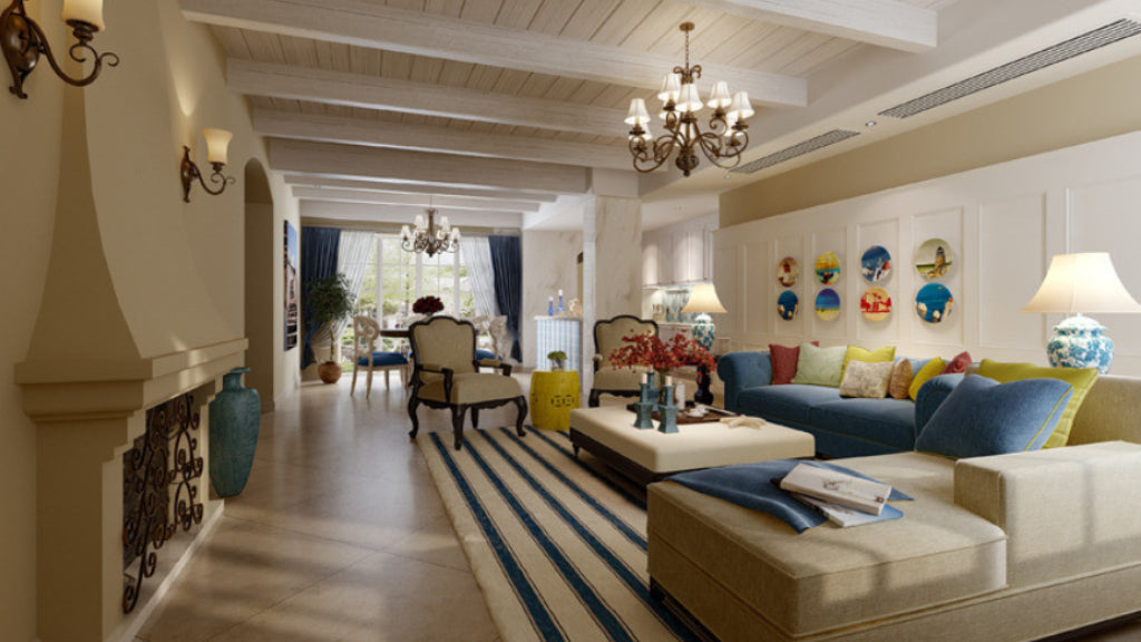 Mediterranean Coastal Living Room - Exposed Wood Beam & Nautical Decor 3D Scene