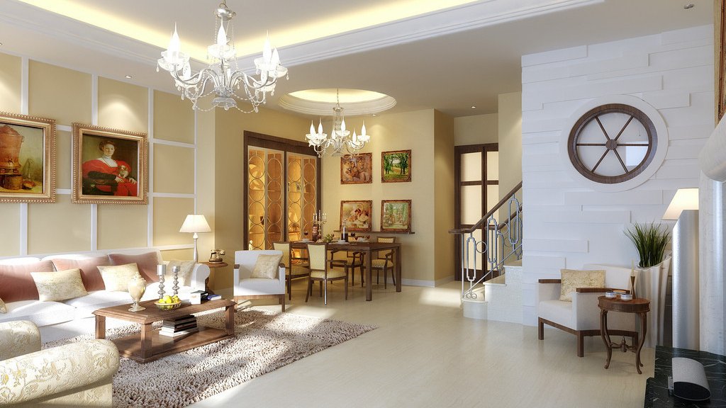 Simple European Living & Dining Room Interior - Full 3D Scene
