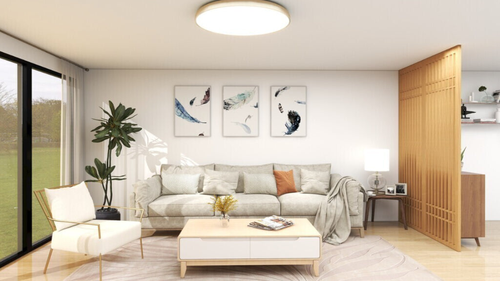 Zen Japanese Interior Design - Minimalist Wood Trim Ceiling & Feather Art 3D Scene